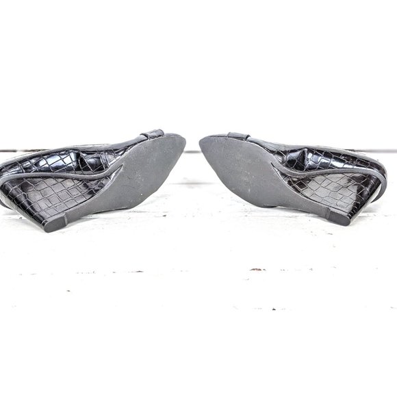 Nine West black croc embossed faux patent leather high heel wedge buckle shoes 7 - Picture 8 of 8